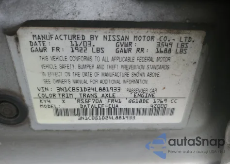 2004 Nissan Sentra 1.8 from USA, damaged, VIN 3N1CB51D24L881933
